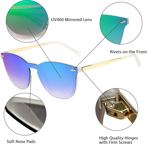 Vista 2 de Rimless Wayfarer Anteojos de sol en una sola pieza lente espejo reflectante, anteojos para hombres mujeres