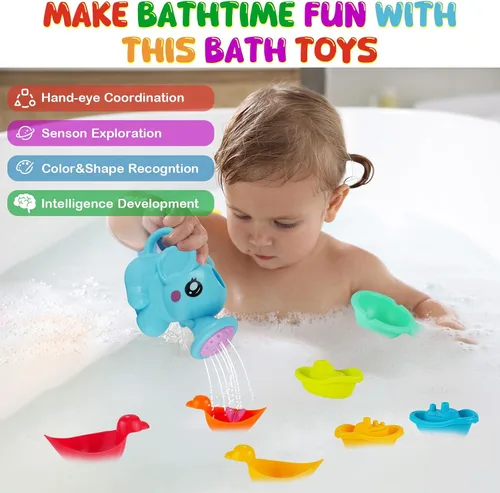 Vista 7 de Juguetes de baño para bebés para niños, 12 juguetes de baño sin moho para niños pequeños con botes flotantes, regadera, patos flotantes y cucharas