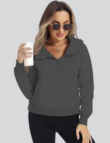 Vista 4 de ROYLAMP Sudaderas cortas con capucha de forro polar con media cremallera para mujer, ropa de invierno con cremallera de un cuarto, Gris-oscuro