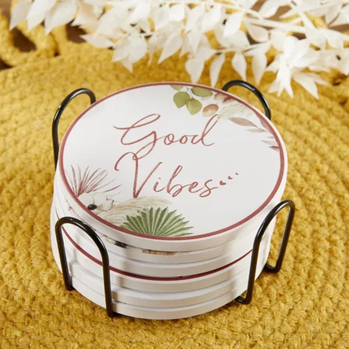 Vista 7 de Kate Aspen Posavasos de cerámica boho con soporte (juego de 6), decoración bohemia para el hogar y juego de regalo, recuerdo de fiesta, regalo