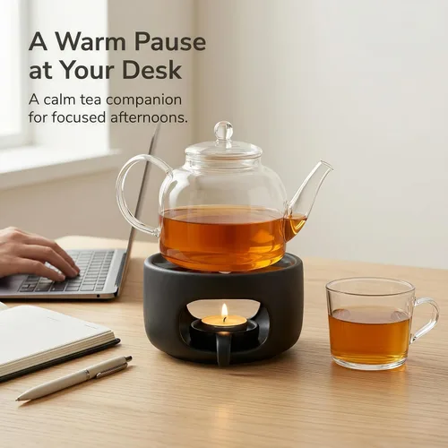 Vista 9 de Calentador de tetera de cerámica mate con cuchara de vela extraíble, base de calentador de té de bajo perfil para teteras de vidrio o cerámica Negro