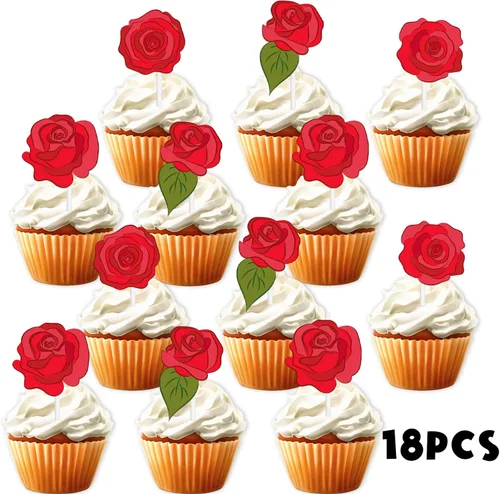 Vista 2 de 18 piezas de decoración de postre de rosas rojas para decoración de postre para el día de San Valentín, boda, aniversario, despedida de soltera