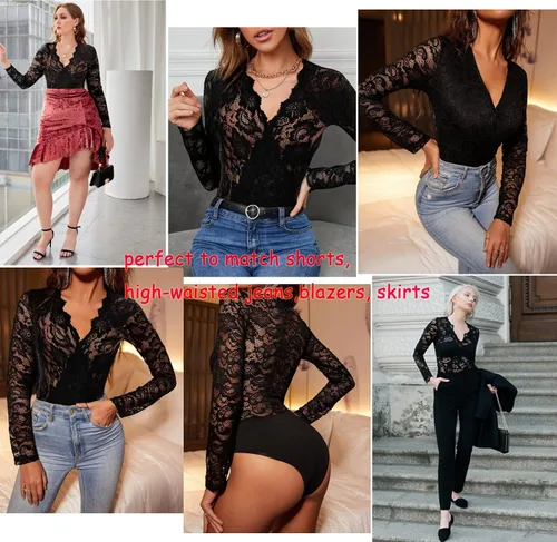 Vista 4 de Avidlove Body sexy de encaje de manga corta para mujer, con escote en V profundo a presión en la entrepierna, tallas S-XXL
