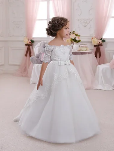 Vista 3 de Elegante vestido de primera comunión con cuentas de encaje para niña de flores de 2 a 12 años
