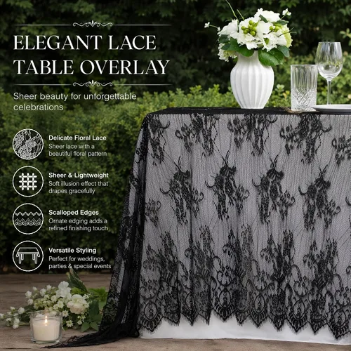 Vista 4 de DUOBAO Mantel de encaje bordado negro de 60 x 120 pulgadas, mantel rectangular resistente a las arrugas, para bodas, fiestas al aire libre y Negrura