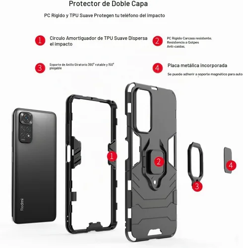 Vista 3 de Funda para Xiaomi Redmi Note 11/Note 11S (no 5G) con protector de pantalla de vidrio templado híbrido resistente Armadura protectora con soporte