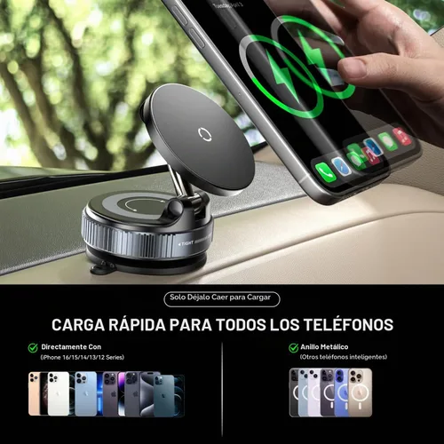 Vista 7 de Soporte magnético para teléfono de coche de carga rápida de 15 W [nueva ventosa elástica al vacío] Cargador inalámbrico ajustable de 360°