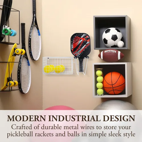 Vista 2 de MyGift 16 Inch Wall Mounted Metal Pickleball Paddle Rack and Storage, Hanging Equipment Organizer with Racket Holder and Basket for Balls