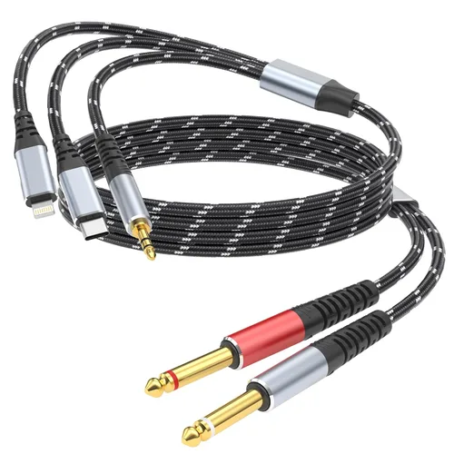 Vista 10 de Cable divisor en Y estéreo de Lightning a dual de 6,35 mm 1/4" TS mono, cable de audio 3 en 1 a dual de 1/4 pulgada, compatible con amplificadores
