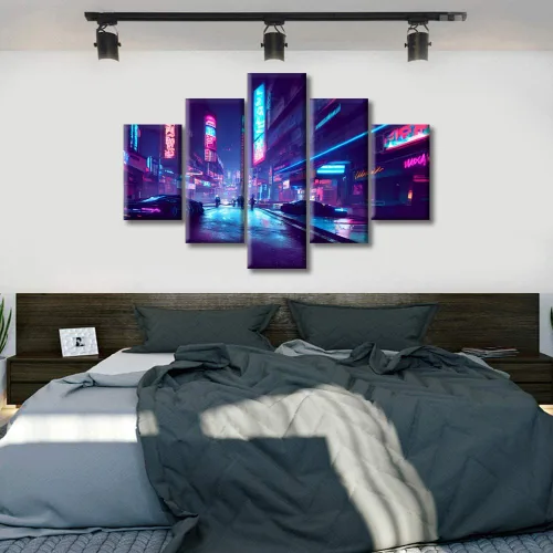 Vista 277 de Cuadros de 5 paneles de Cyberpunk City, arte de pared, representación de vallas publicitarias, edificios modernos en la capital con obras de arte