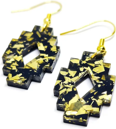 Vista 5 de Boho Black and Gold Sparkle Dangle & Drop Earrings, Handmade, Metal for Sensitive Ears- Statement Earrings (Aztec Dangle Earrings)