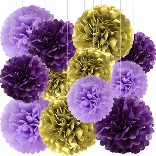 Vista 8 de BRZIKWT 12 pompones de papel de seda de punto ondulado degradado negro y dorado para fiesta, techo, colgar en la pared, decoración de flores