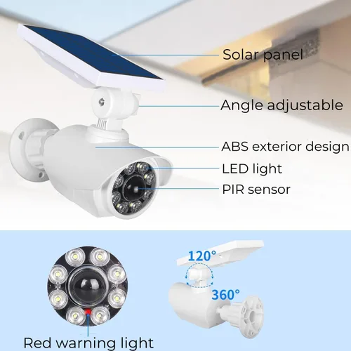 Vista 3 de Sensor de movimiento solar de seguridad al aire libre, cámara simulada IP66 impermeable, luz de seguridad alimentada por energía solar para patio