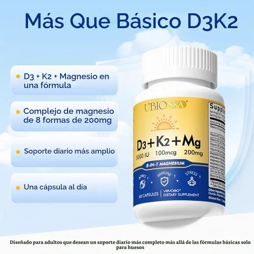 Vista 3 de UBIOSKA Vitamina D3 K2 Magnesio, 5000 UI D3, K2 como MK-7, 60
