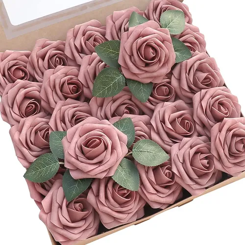 Vista 17 de Floroom Flores artificiales, 25 piezas de rosas falsas de espuma dorada antigua de aspecto real con tallos para ramos de boda DIY, centros de mesa