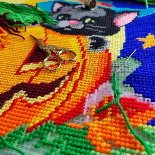 Vista 3 de Brvsk Kit de punto de aguja de otoño para adultos y principiantes - Gato de Halloween de 16 x 16 pulgadas con diseño impreso claro y preciso