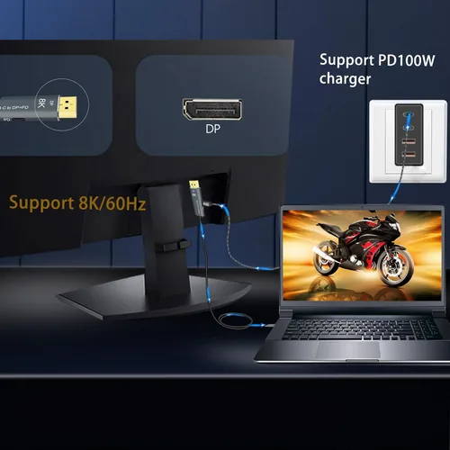 Vista 6 de Cable USB C a DisplayPort con adaptador de carga rápida PD de 100 W 8K @60Hz-Thunderbolt 3/4 a DP Cable 4K a 240Hz compatible con iPhone 15 M1/M2