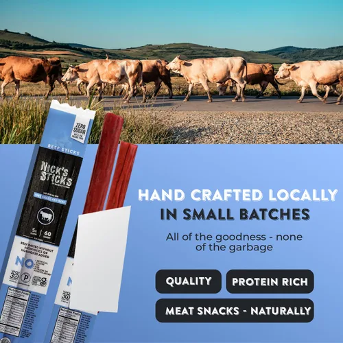 Vista 5 de Nick's Sticks 100% de carne de res alimentada con hierba - sin gluten - aprobados para paleo, keto, whole30 - sin azúcar, soya, antibióticos u