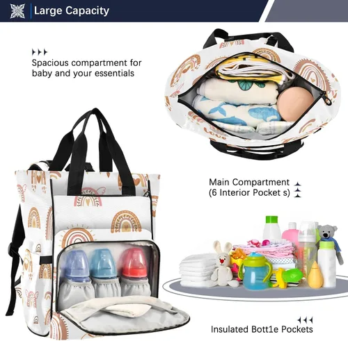 Vista 5 de Mochila de pañales boho arco iris, bolsa de mamá, mochila multifuncional para pañales, mochila de viaje, gran capacidad