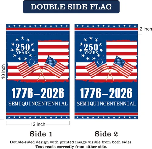 Vista 7 de Bandera de jardín del 250 aniversario de Estados Unidos, bandera americana 1776-2026 del 250 aniversario, bandera conmemorativa patriótica de doble