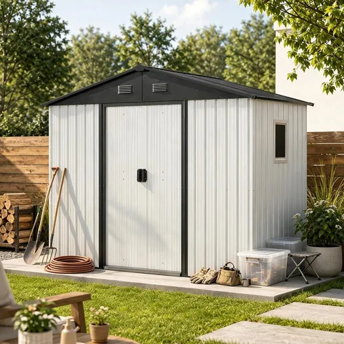 Vista 11 de Cobertizo de almacenamiento para exteriores de 6.23 x 4.3 pies con base de metal, puertas correderas y ventanas, protección solar, cobertizo de Gris