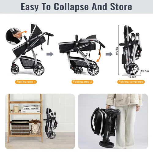 Vista 7 de Hagaday Cochecito de bebé, asiento reversible 2 en 1 para niños pequeños con modo moisés, cochecito infantil plegable con toldo, freno de un botón