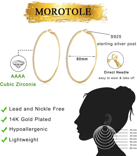 Vista 3 de MOROTOLE Aretes de aro de oro de 14 quilates con diamantes de imitación, finos, grandes, hipoalergénicos, para mujeres y niñas, regalos de joyería
