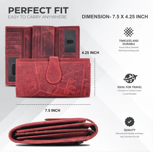 Vista 4 de Cartera de piel auténtica para mujer con bloqueo RFID, tarjetero triple para mujer, con ventana de identificación