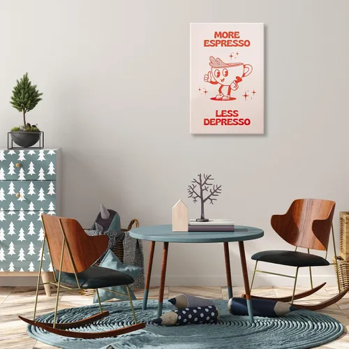 Vista 4 de Póster retro con texto en inglés «More Espresso Less Depresso», bonita taza de café de dibujos animados, citas rojas, arte de pared, divertido
