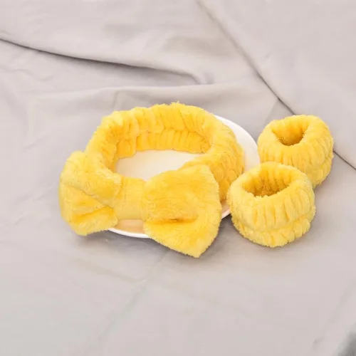 Vista 4 de Diadema para lavar la cara para mujeres y niñas, pulseras de lavado facial para mujeres y niñas, diadema de spa para niñas y mujeres, Amarillo