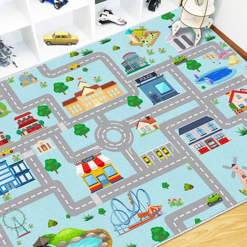 Vista 2 de Alfombra de coche para niños, 2 pies 7 pulgadas x 4 pies, alfombra de juego para trenes de autos de juguete, alfombra antideslizante para pista