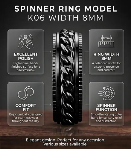 Vista 5 de King Ring 8mm Super Spinner Stainless Steel Fidget Rings – Designed in USA Negro