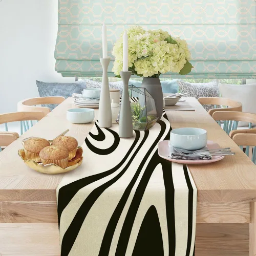 Vista 2 de Camino de mesa negro salvia, estético retro bohemio de los años 70, decoración abstracta de remolinos ondulados, decoración de mesa de comedor