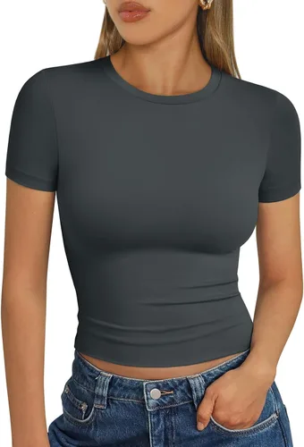 Vista 21 de Trendy Queen - Camisetas básicas para mujer, camisetas de verano 2025, de manga corta, ajustadas, para gimnasio, entrenamiento, ropa estilo Y2K