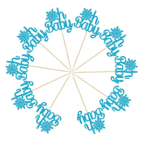 Vista 3 de Gyufise Paquete de 24 adornos de copos de nieve Oh Baby para cupcakes con purpurina azul Frozen Oh Baby Pick Decoraciones para baby shower