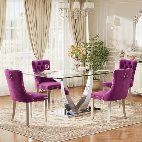 Vista 9 de Juego de mesa de comedor de cristal moderno de mediados de siglo para 4, 63 pulgadas, juego de comedor rectangular grande de lujo con parte superior