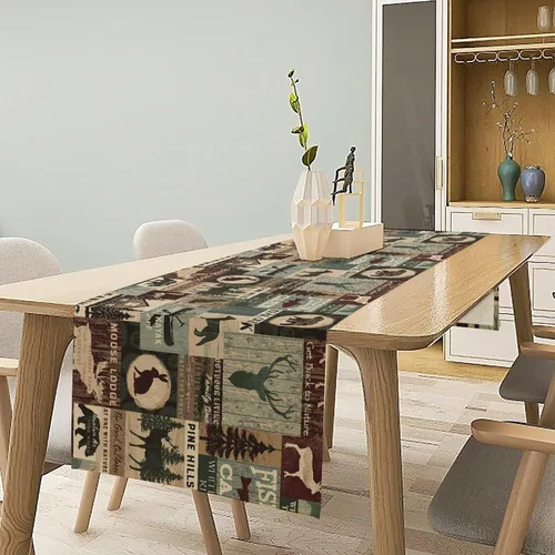 Vista 2 de Camino de mesa de estilo rústico retro, decoración de mesa de cocina, sala de estar, comedor, para el hogar, con diseño de osos, alces, ciervos