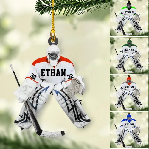 Vista 9 de Adorno de Navidad personalizado de jugador de hockey 2025, decoración colgante de madera acrílica con nombre personalizado para árbol de vacaciones