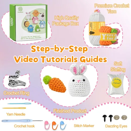 Vista 2 de Zepiany Kits de ganchillo para principiantes - Conjuntos de tejido de animales de peluche todo en uno - Tutoriales en video paso a paso DIY Kits