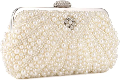 Vista 8 de UBORSE Bolso de mano de perlas para mujer, bolso de noche con cuentas de cristal noble para boda, con cadena de perlas