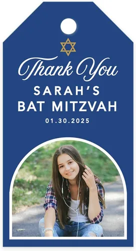Vista 14 de Andaz Press Paquete de 60 etiquetas personalizadas de Bar/Bat Mitzvah con cuerda, etiquetas clásicas de regalo de agradecimiento Art Deco con foto