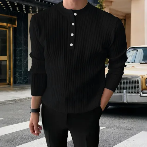 Vista 4 de Camisas de Manga Larga para Hombre, suéter de Punto ligero, suéter informal con botones, ajustado elástico