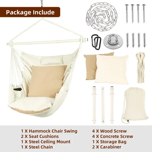 Vista 6 de Silla hamaca colgante con cuerda – Máximo 500 libras – 2 cojines y 1 almohada para el cuello incluida – Barra separadora de acero resistente