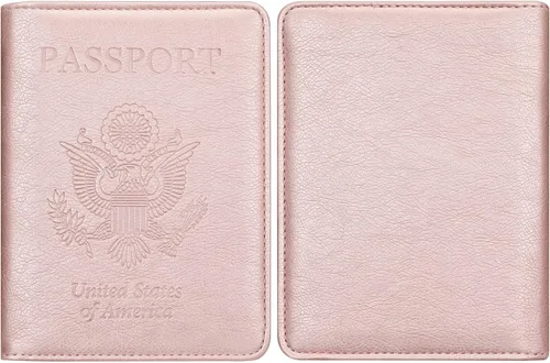 Vista 2 de HOTCOOL - Cartera de cuero con bloqueo RFID con correa elástica, con funda de viaje para pasaporte, X oro rosa, talla única, 1 tarjeta de vaca