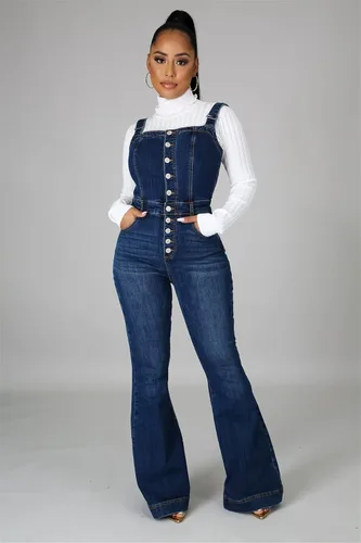 Vista 2 de Overol de mezclilla sin mangas con hombros descubiertos para mujer, con tirantes delgados, pantalones de mezclilla, overol sexy, ajustado