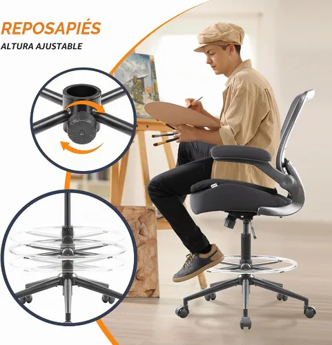Vista 7 de Silla de redacción alta para oficina, taburetes ergonómicos de escritorio de pie para computadora, reposabrazos abatibles, altura ajustable y anillo