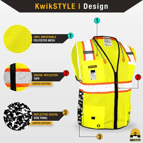 Vista 2 de KwikSafety BIG KAHUNA Safety Vest Class 2 ANSI OSHA Hi Vis Reflective Vest Amarillo (edición limitada)