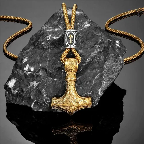 Vista 2 de 1988HUYHOAT - Collar de cuentas de runas nórdicas chapadas en oro para hombre colgante Mjolnir de acero inoxidable amuleto vikingo joyería masculina