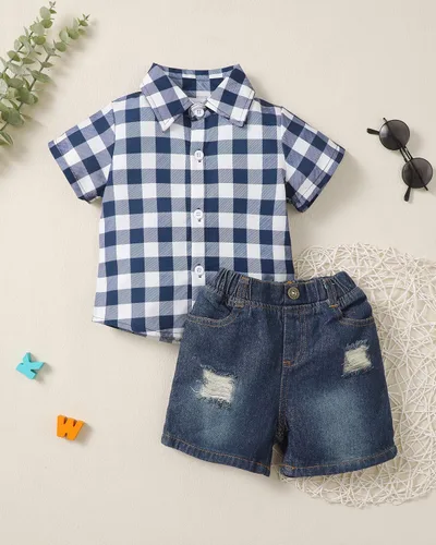 Vista 2 de Ropa de bebé niño de verano, trajes de algodón de manga corta, pantalones cortos, conjunto de trajes para niños pequeños