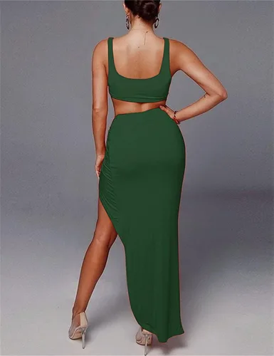 Vista 2 de PRIMODA - Conjunto de 2 piezas con estilo de vestido para mujer sin mangas ajustado con abertura alta maxi falda larga